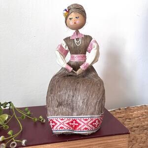 Handcrafted Vintage Russian Folk Art Doll Natural Fibers Painted Wooden Head